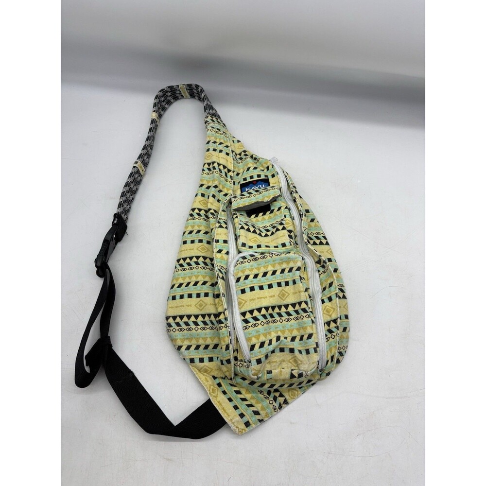 KAVU Rope Sling Crossbody Shoulder Strap Bag Geometric Yellow Black Green READ